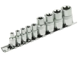 (obrázek pro) Klíče nástrčné vnitřní TORX , sada 9ks, 1/4″, E5-E6-E7-E8-E10, 1/2″, E12-E14-E16-E18, CrV, EXTOL PREMIUM