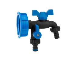 (obrázek pro) Sada pro kontejner na vodu IBC, uzávěr S60x6 s otvorem 1/2″, kohoutek 1/2″ s výstupem 2x3/4″, hadičník 5/8″