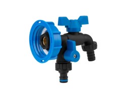 (obrázek pro) Sada pro kontejner na vodu IBC, uzávěr S60x6 s otvorem 1/2″, kohoutek 1/2″ s výstupem 2x3/4″, hadičník 5/8″