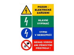 (obrázek pro) Tabulka - Pozor elektrické zařízení Hlavní vypínač Vypni v nebezpečí Nehas vodou, samolepka A5