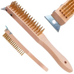 4řadý mosazný drátěný kartáč se škrabkou na rez (dřevěná rukojeť) (obrázek pro) 4řadý mosazný drátěný kartáč se škrabkou na rez (dřevěná rukojeť)