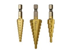 (obrázek pro) HSS TiN stupňový vrták, sada 3ks, 3-12mm, 4-12mm, 4-20mm, HEX