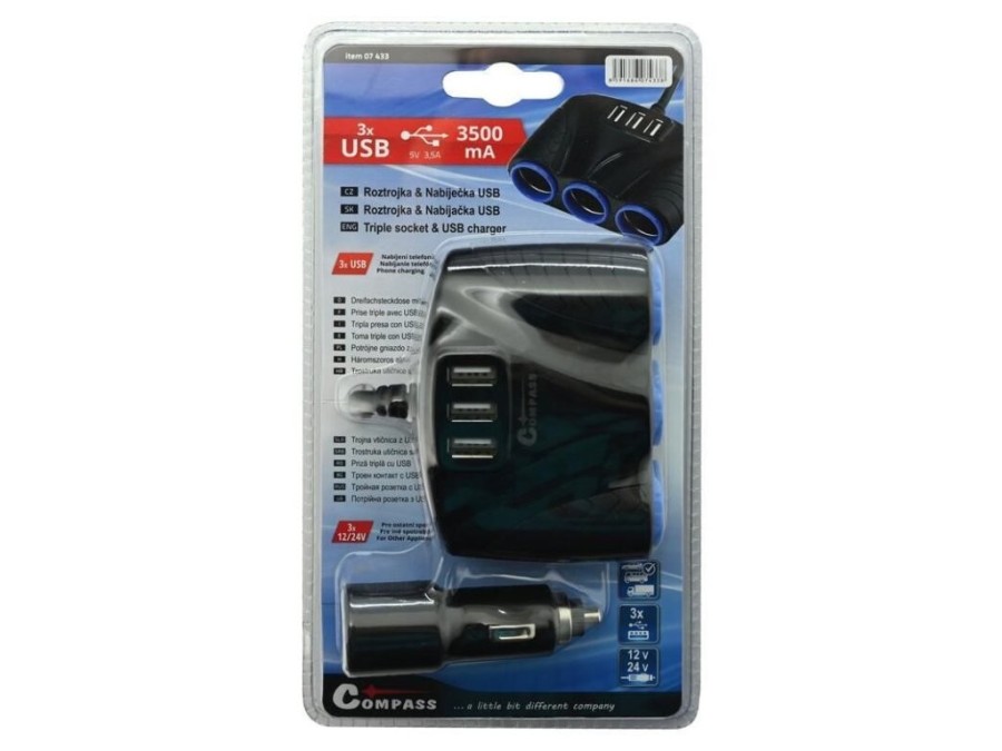 (obrázek pro) Roztrojka automobilového zapalovače 12/24V a 3x USB konektor COMPASS