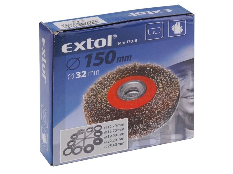 (obrázek pro) Kartáč okružní 150mm, vlnitý drát S 0,3mm, otvor 32mm, tl. 25mm, adaptéry: 1/2, 3/4, 5/8, 1, 7/8 EXTOL CRAFT