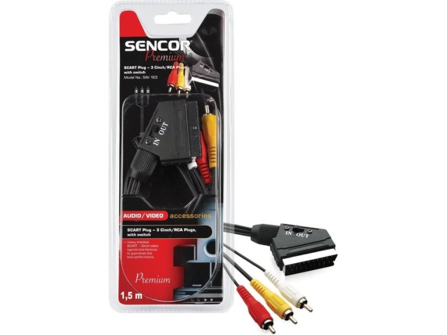 (obrázek pro) SAV 163-015 Kabel propojovací SCART s přepínačem-3xCinch/RCA konektor SENCOR