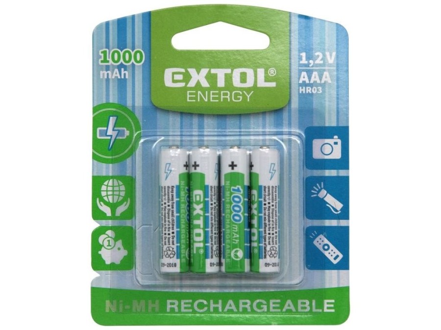 (obrázek pro) Baterie nabíjecí, 4ks, AAA (HR03), 1,2V, 1000mAh, NiMh EXTOL ENERGY