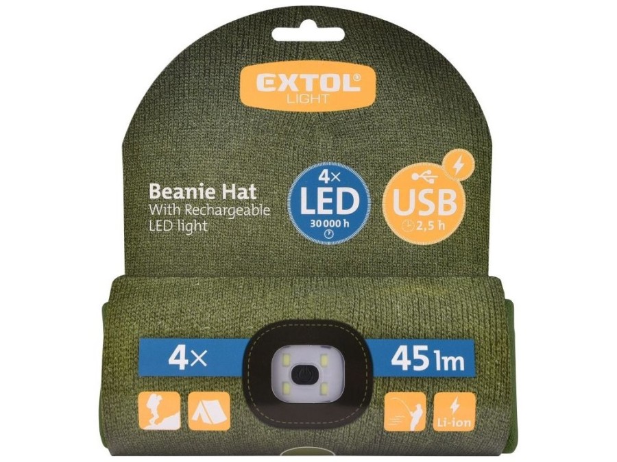 (obrázek pro) Čepice s čelovkou, nabíjecí, USB, zelená, univerzální velikost EXTOL LIGHT