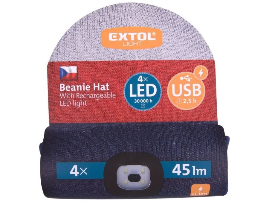 (obrázek pro) Čepice s čelovkou 45lm, nabíjecí, USB, bílá/červená/modrá, univerzální velikost EXTOL LIGHT