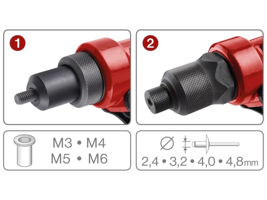 (obrázek pro) Kleště nýtovací s otočnou hlavou COMBO, pro nýt. matice M3-M6 a trhací nýty 2.4-4.8mm FORTUM