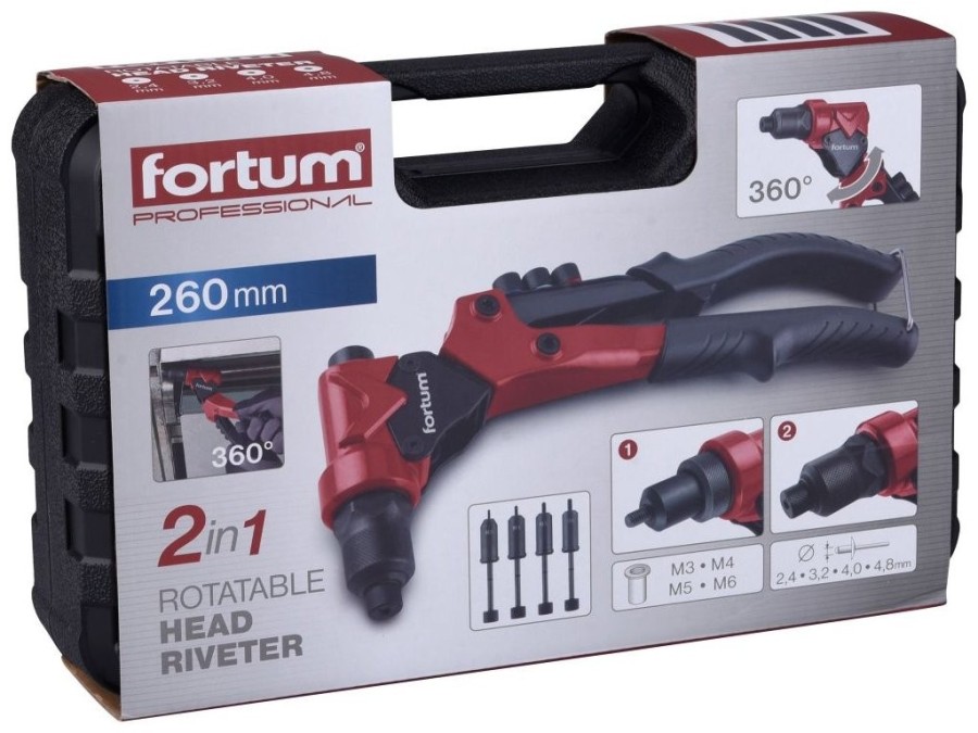 (obrázek pro) Kleště nýtovací s otočnou hlavou COMBO, pro nýt. matice M3-M6 a trhací nýty 2.4-4.8mm FORTUM