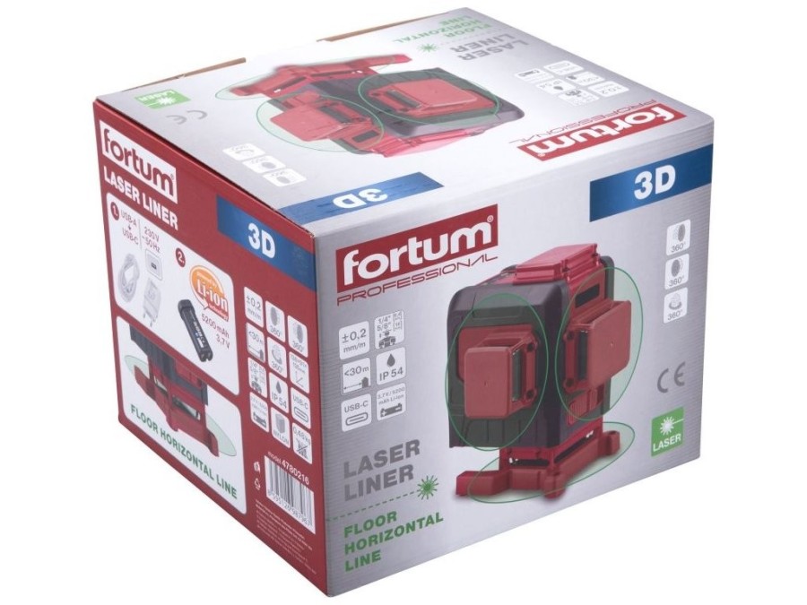 (obrázek pro) Laser zelený 3D liniový, křížový samonivelační FORTUM