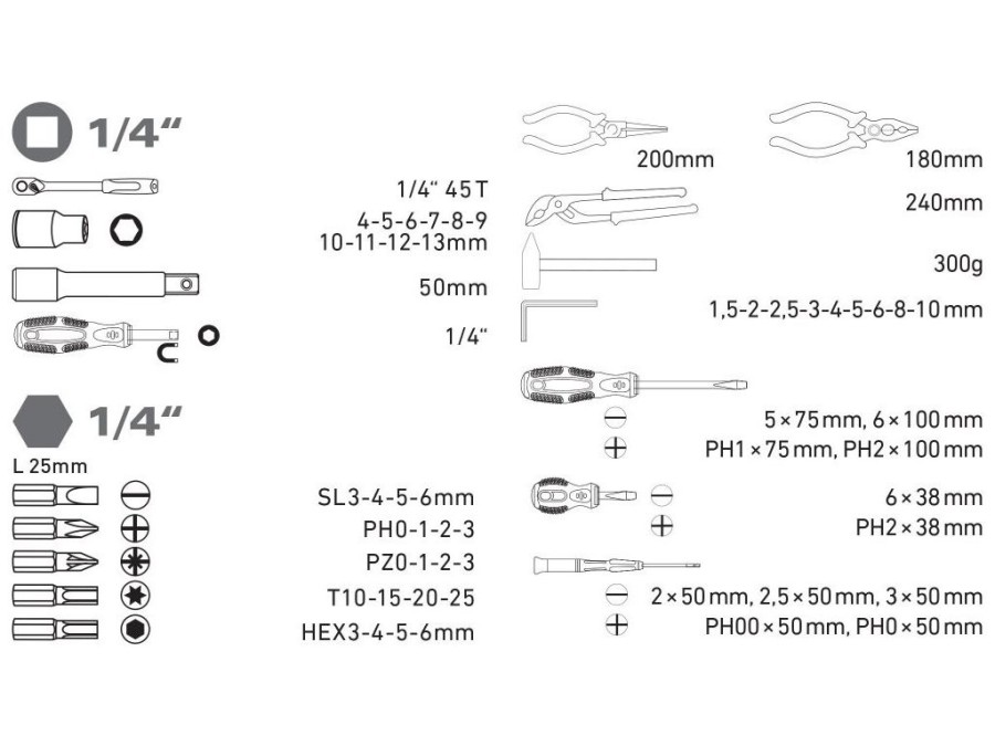 (obrázek pro) Sada nářadí 57ks, CrV, 1/4″ EXTOL CRAFT