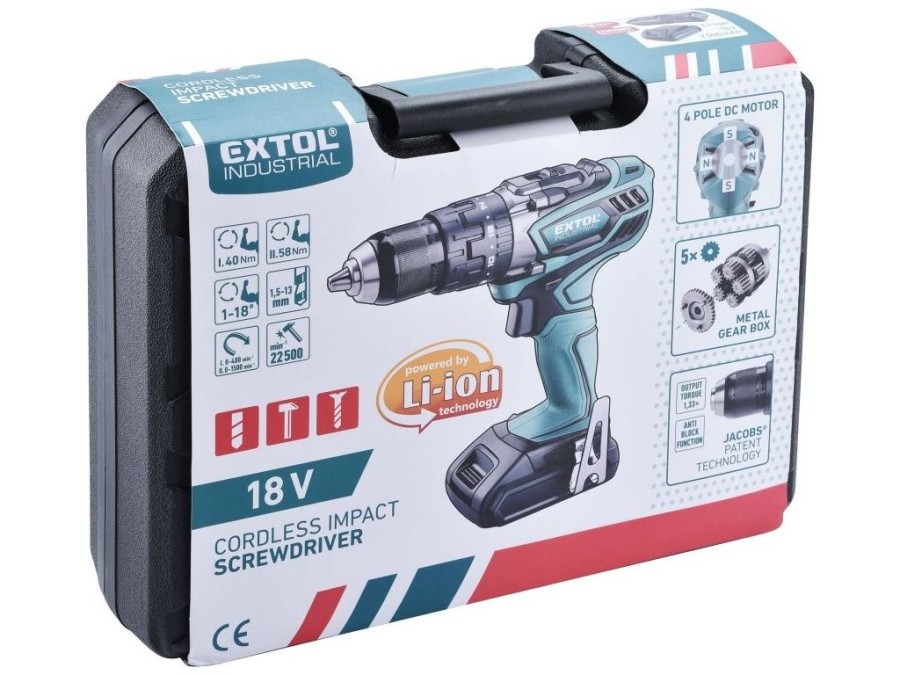 (obrázek pro) Vrtací šroubovák aku s příklepem, 18V Li-ion, 4 pólový motor, 2000mAh EXTOL INDUSTRIAL