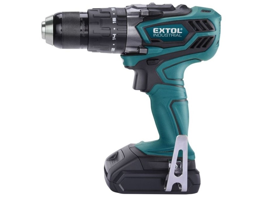 (obrázek pro) Vrtací šroubovák aku s příklepem, 18V Li-ion, 4 pólový motor, 2000mAh EXTOL INDUSTRIAL