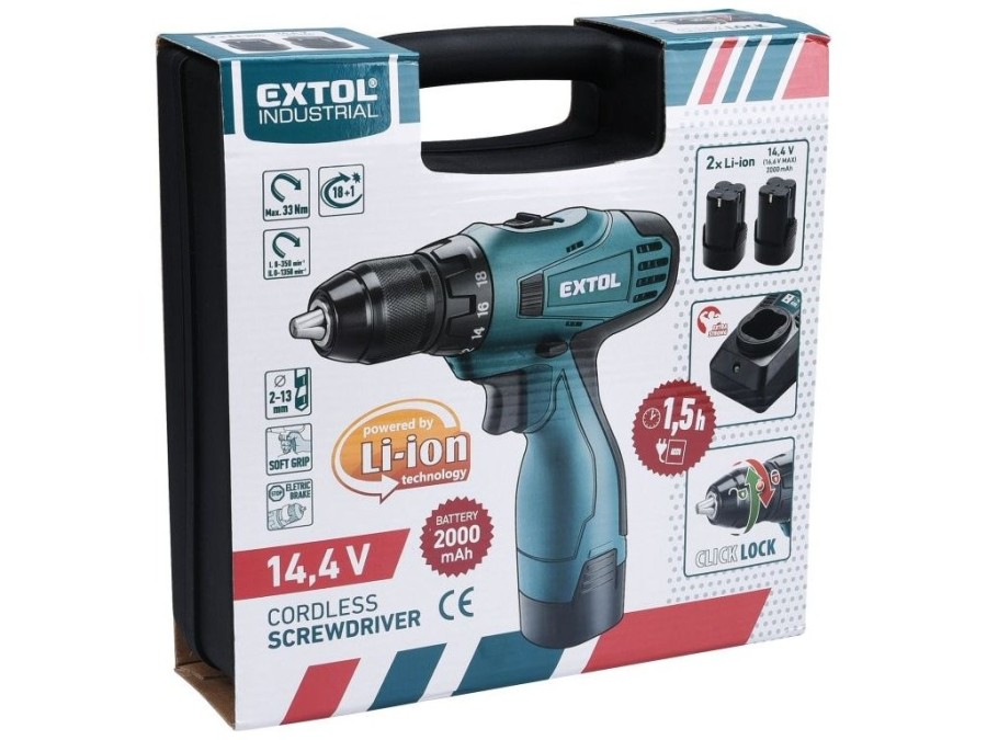 (obrázek pro) Aku vrtací šroubovák, 14,4V, 16,6V MAX Li-ion, 1500mAh, dvě baterie, EXTOL INDUSTRIAL