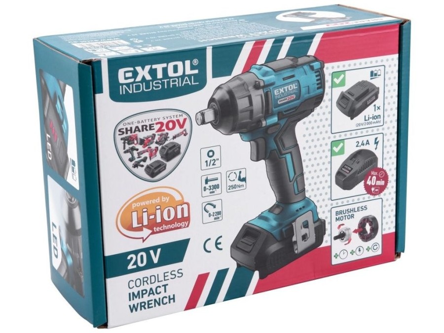 (obrázek pro) Utahovák rázový 1/2“ aku SHARE20V, 250Nm, BRUSHLESS, 20V Li-ion, bez baterie a nabíječky EXTOL INDUSTRIAL