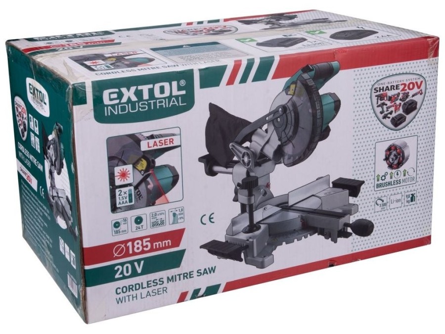 (obrázek pro) Pila pokosová 185mm aku s laserem SHARE20V, BRUSHLESS, 20V Li-ion, bez baterie a nabíječky EXTOL INDUSTRIAL