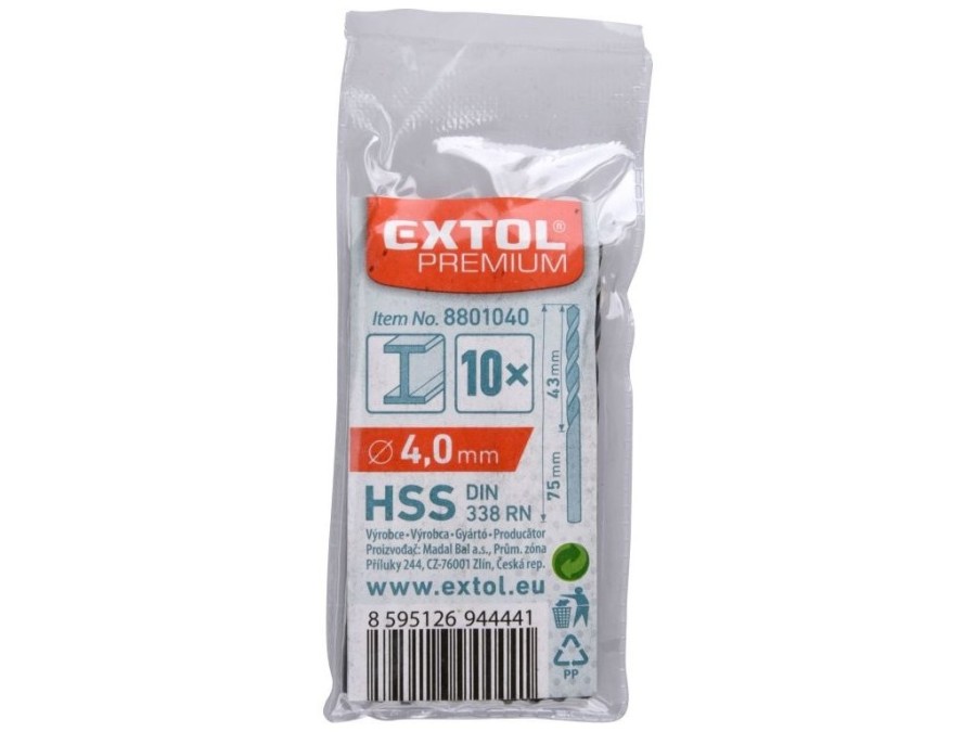 (obrázek pro) Vrták do kovu HSS, bal 10ks, O 4,0 L-75 L1-43, HSS, EXTOL PREMIUM