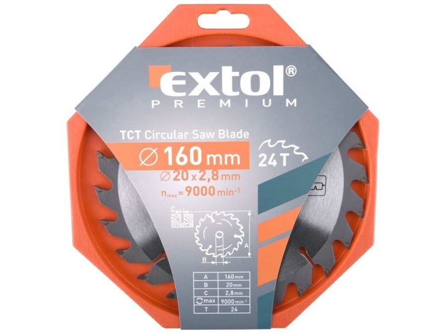 (obrázek pro) Kotouč pilový s SK plátky, 160x2,0x20mm, 24T, šířka SK plátků 2,8mm, EXTOL PREMIUM