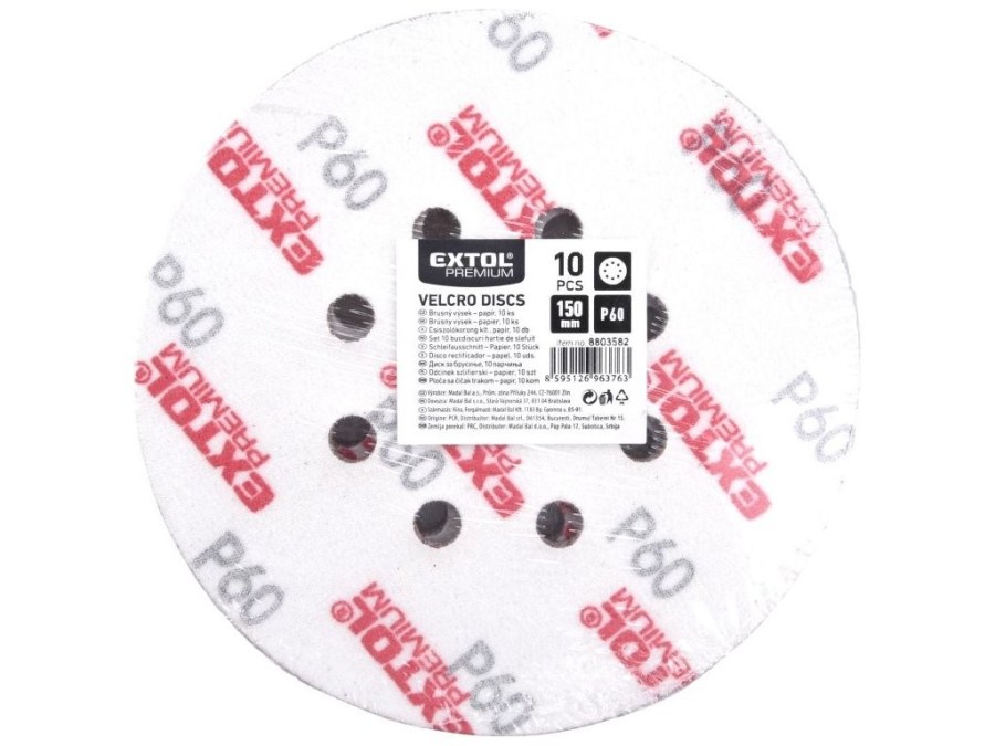 (obrázek pro) Papír brusný výsek, suchý zip, bal. 10ks, 150mm, P60, 8 otvorů v kružnici 65mm, EXTOL PREMIUM