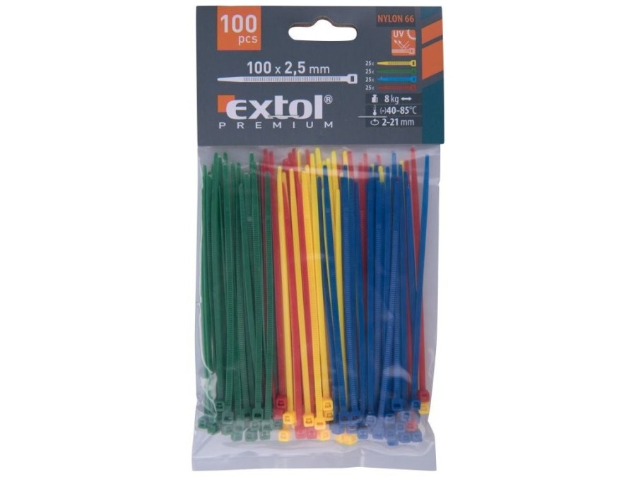 (obrázek pro) Pásky na vodiče, 2,5x100mm, 100ks, barevné, 4x25ks (žlutý, zelený, červený, modrý), NYLON, EXTOL PREMIUM