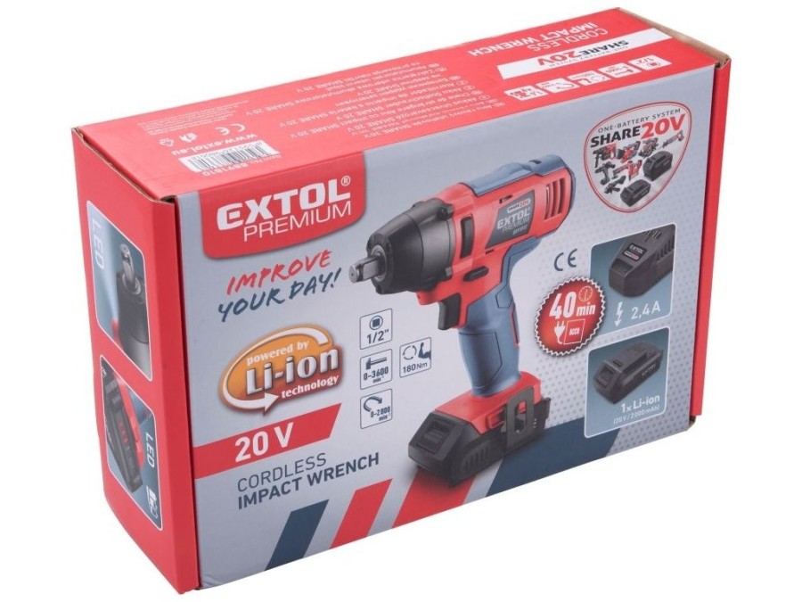 (obrázek pro) Utahovák rázový 1/2″ aku SHARE20V, 180Nm, 20V Li-ion, bez baterie a nabíječky EXTOL PREMIUM