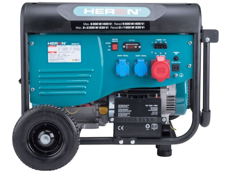 (obrázek pro) Elektrocentrála benzínová 13HP/6,0kW (400V), 2x2,2kW (230V), elektrický start, podvozek HERON