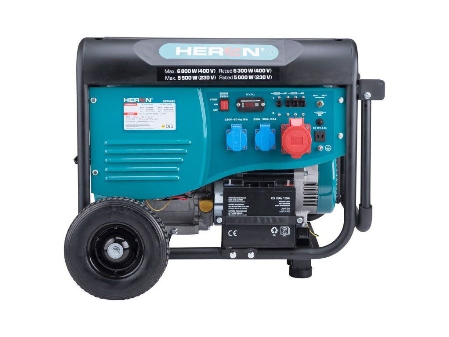 (obrázek pro) Elektrocentrála benzínová 15HP/6,8kW (400V), 5,5kW (230V), elektrický start, podvozek HERON
