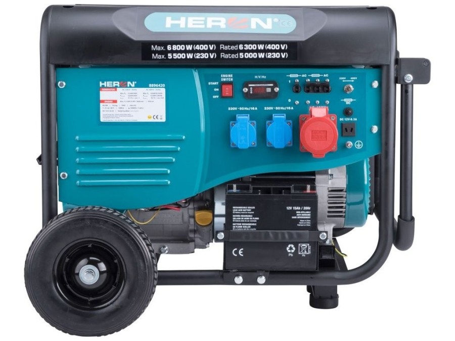 (obrázek pro) Elektrocentrála benzínová 15HP/6,8kW (400V), 5,5kW (230V), elektrický start, podvozek HERON
