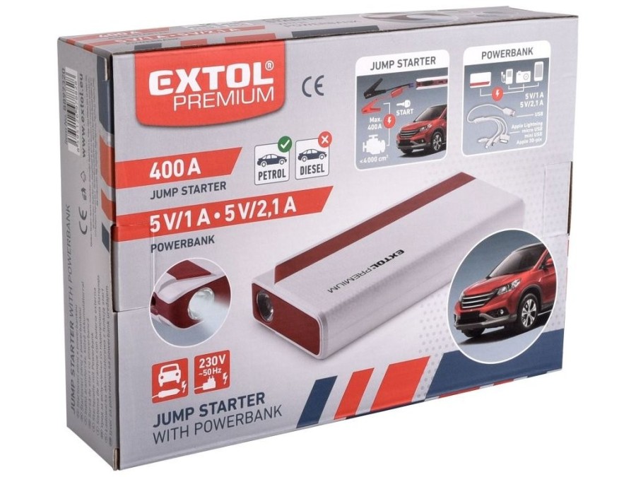 (obrázek pro) Jump startér, 400A, pro benzínové motory, powerbanka 5V EXTOL PREMIUM