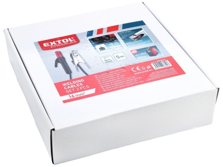 (obrázek pro) Kabely svařovací, sada 2ks, 16mm2, 5m, 10-25, kleště 200A, guma EXTOL PREMIUM