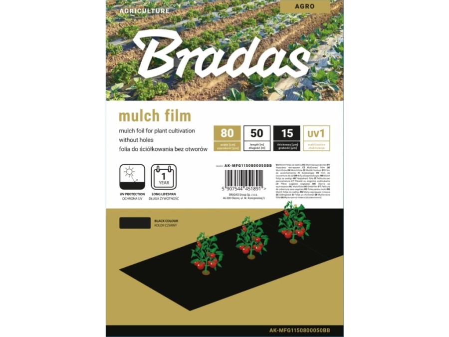 (obrázek pro) Mulčovací fólie 15µm, 0.8x50m, bez otvorů BRADAS