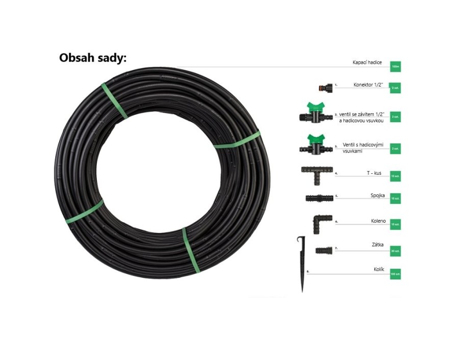 (obrázek pro) Zavlažovací sada, kapací hadice Water Flow Drip ø16mm 100m, 182ks příslušenství BRADAS