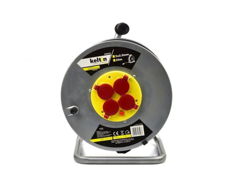 (obrázek pro) Prodlužovací kabel na bubnu 4 zásuvky 25m 3x2,5mm, kovový KELTIN