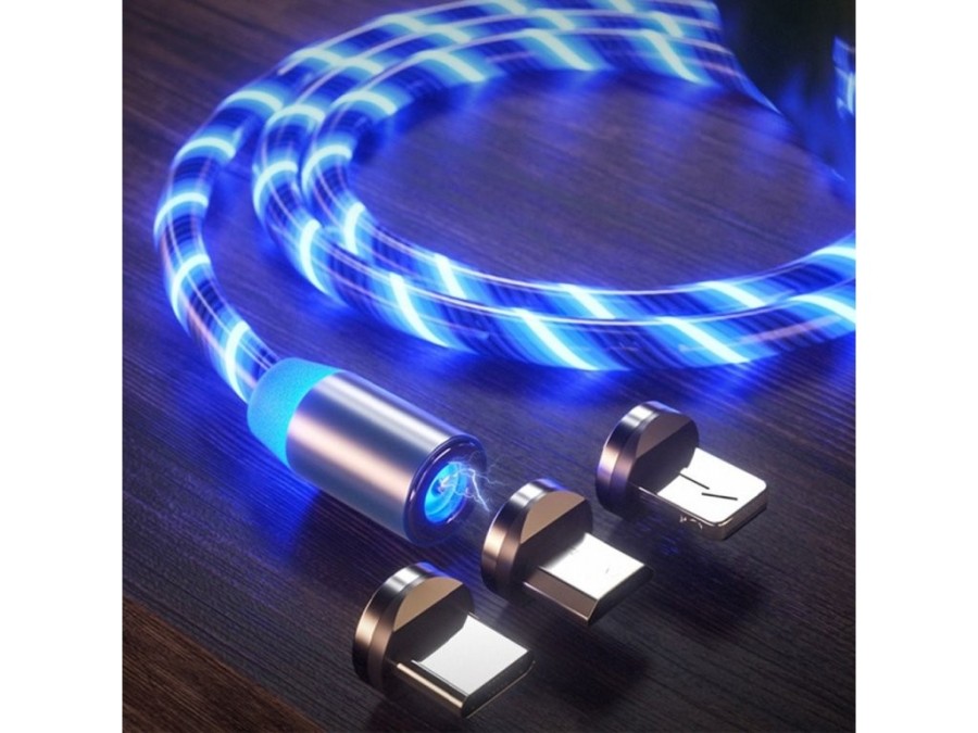 (obrázek pro) Magnetický nabíjecí USB kabel s LED podsvícením, 3v1, 1m, modrý KAXL