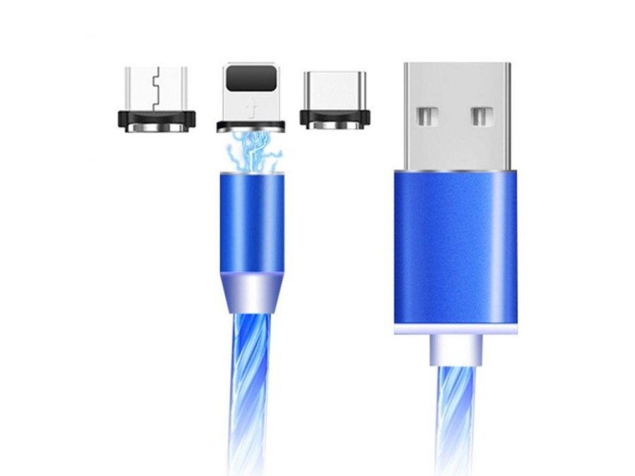 (obrázek pro) Magnetický nabíjecí USB kabel s LED podsvícením, 3v1, 1m, modrý KAXL