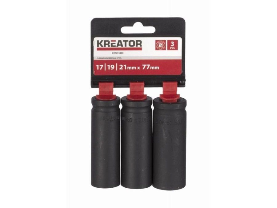 (obrázek pro) 3 ks nástrčných rázových hlavic 17-19-21 mm prodloužené 1/2″ KREATOR