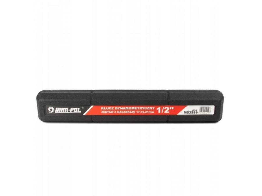 (obrázek pro) Dynamometrický, momentový klíč 1/2″, 28-210Nm s prodloužením 125mm a ořechy 17, 19, 21mm MAR-POL