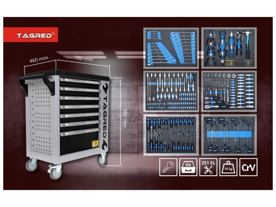 (obrázek pro) Dílenská pojízdná skříňka, 7 zásuvek, sada nářadí 251ks TAGRED
