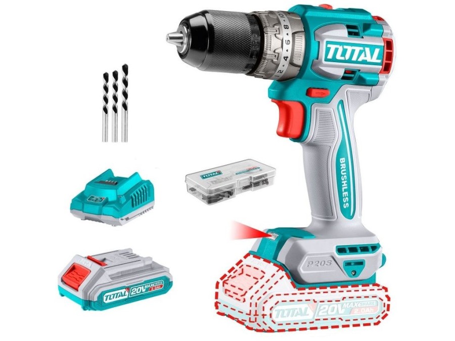 (obrázek pro) Aku vrtací šroubovák s příklepem, brushless, 20V Li-ion (2x), industrial TOTAL