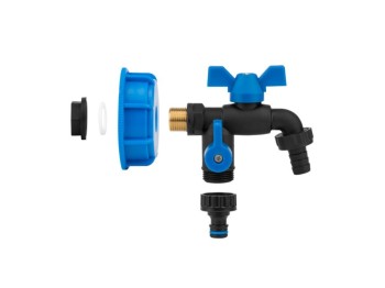 (obrázek pro) Sada pro kontejner na vodu IBC, uzávěr S60x6 s otvorem 1/2″, kohoutek 1/2″ s výstupem 2x3/4″, hadičník 5/8″