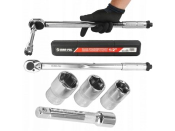 (obrázek pro) Dynamometrický, momentový klíč 1/2″, 28-210Nm s prodloužením 125mm a ořechy 17, 19, 21mm MAR-POL