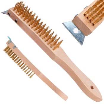 (obrázek pro) 4řadý mosazný drátěný kartáč se škrabkou na rez (dřevěná rukojeť)