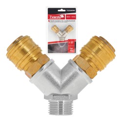 (obrázek pro) Mosazný rozbočovač vzduchu s vnějším závitem, 2cestný, 1/2&quot; s rychlospojkami