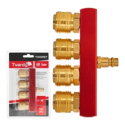 (obrázek pro) Mosazná vzduchová zástrčka samec, 4-cestná rozbočka 1/4&quot; s rychlospojkami